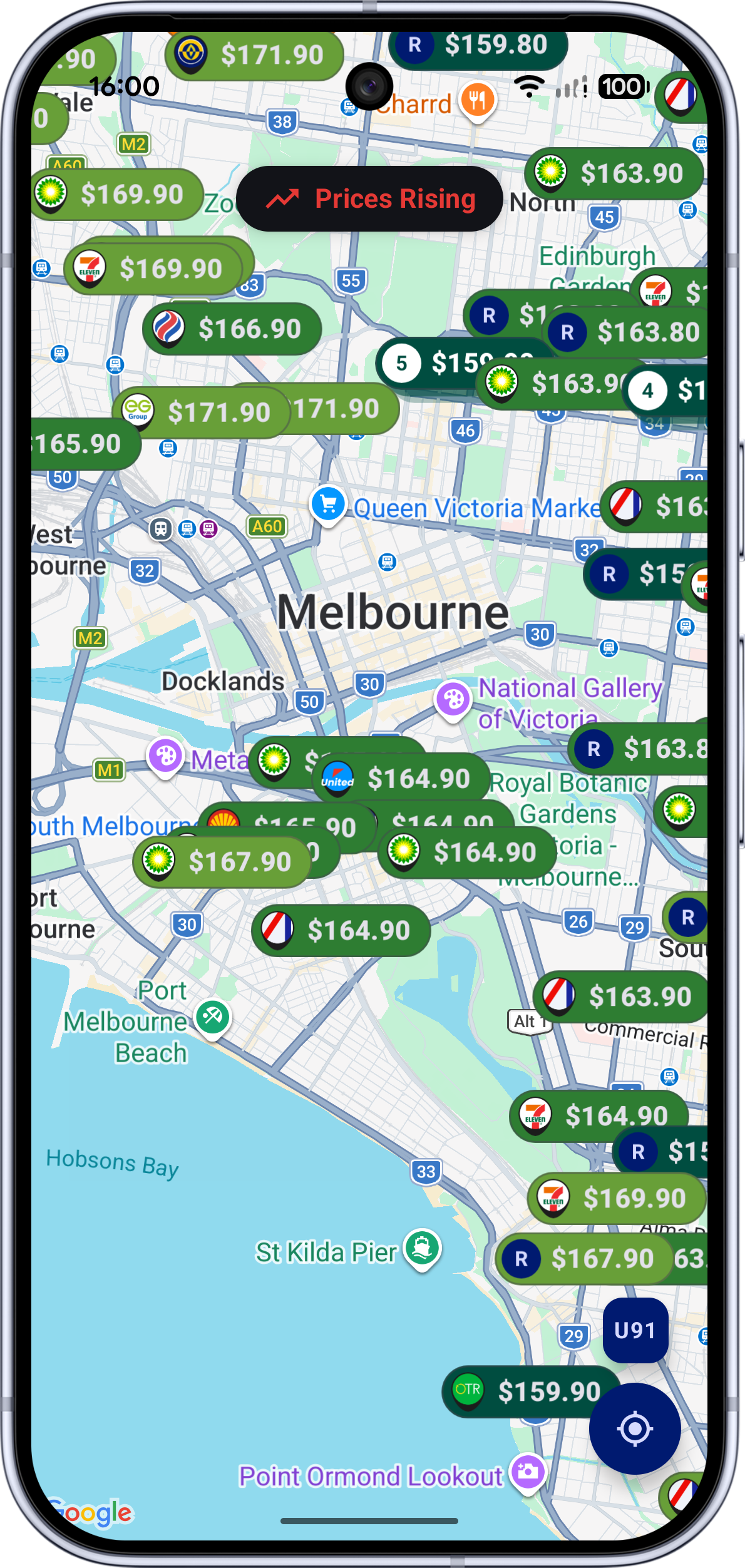 FuelCheckVIC App Screenshot showing fuel prices on a map of Melbourne